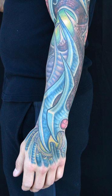 Jeff Johnson - blue Biomech Sleeve Tattoo detail